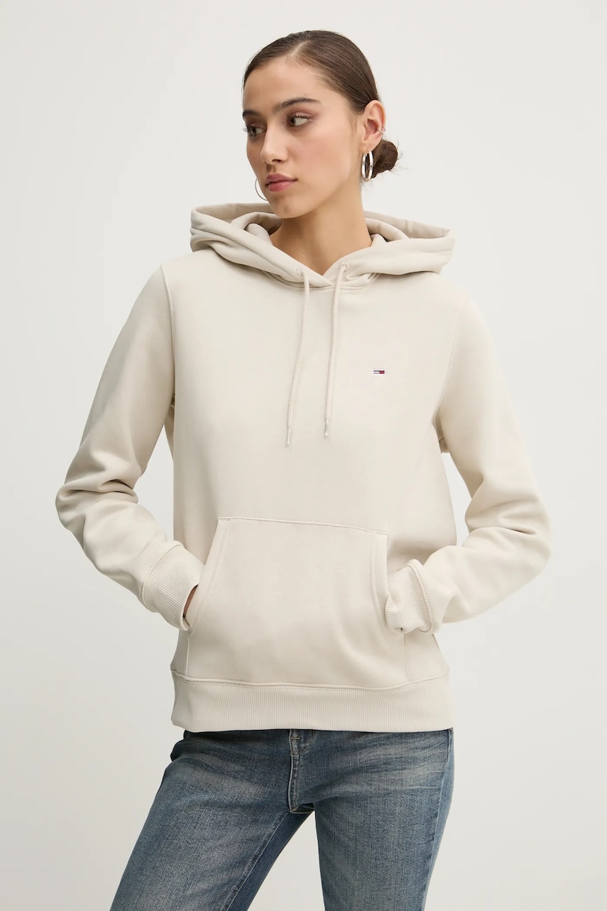 Tommy Jeans bluza femei, culoarea bej, cu glugă, neted, DW0DW19958 Tommy Jeans bluza femei, culoarea bej, cu glugă, neted, DW0DW19958