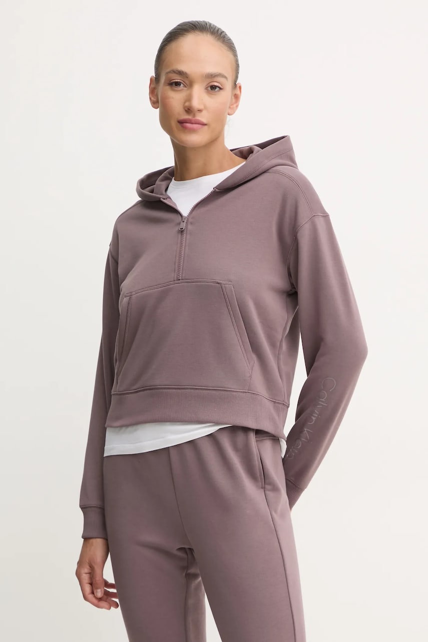 Levně Tréninková mikina Calvin Klein Performance hnědá barva, s kapucí, s potiskem, 00GWF4W303