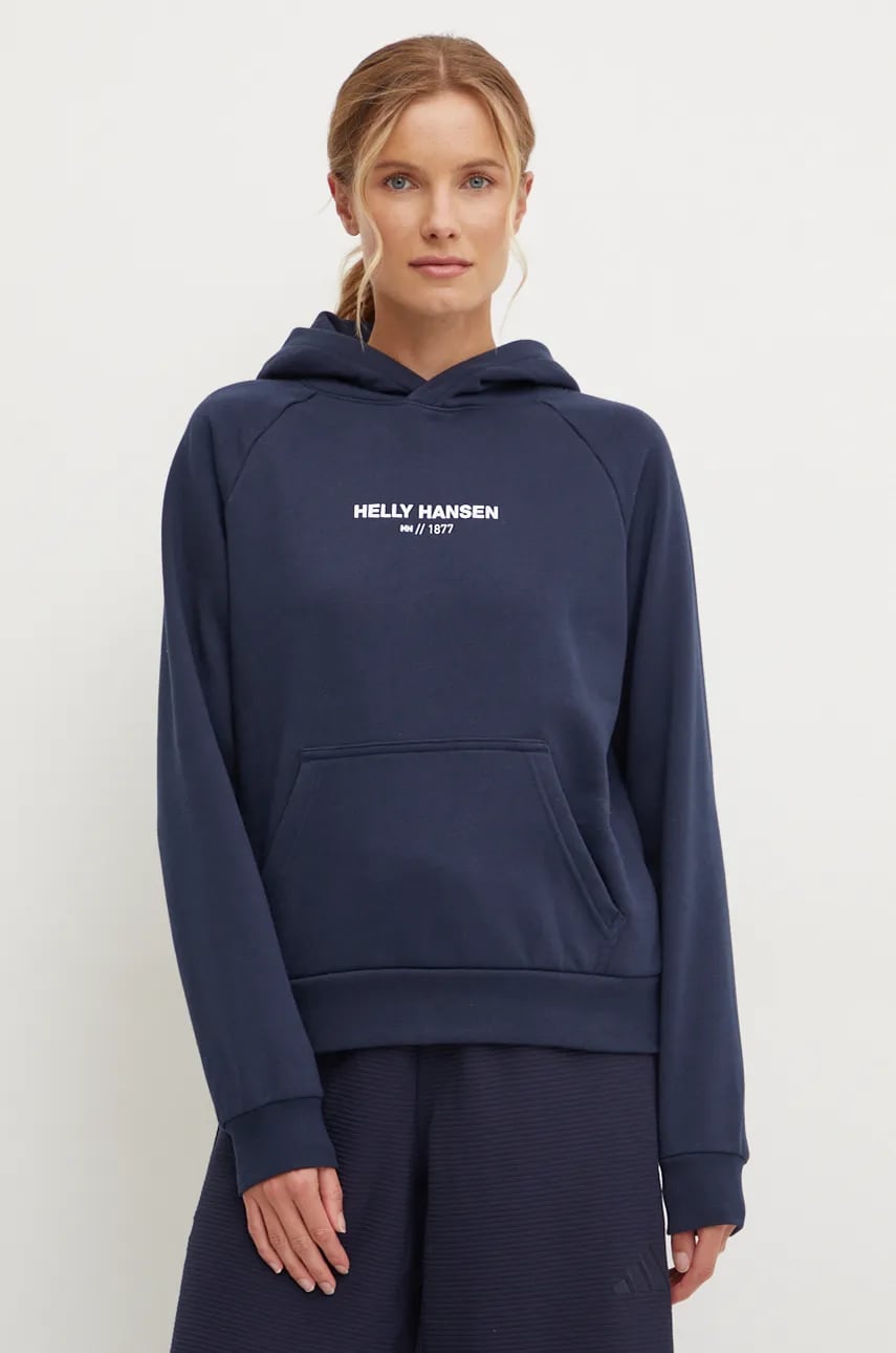 Helly Hansen bluza COTTTON FLEECE femei, culoarea albastru marin, cu glugă, neted, 54161 Helly Hansen bluza COTTTON FLEECE femei, culoarea albastru marin, cu glugă, neted, 54161