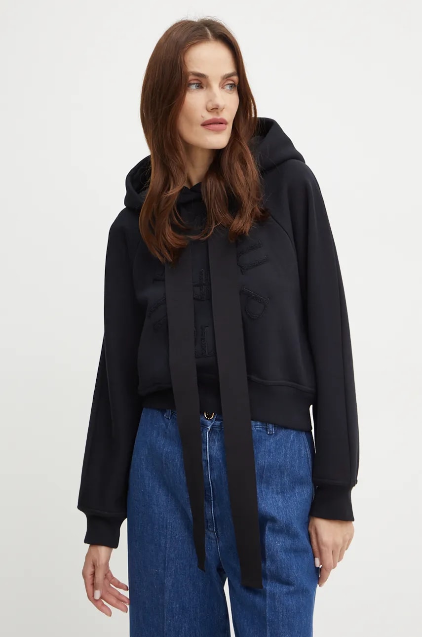 Patou hanorac de bumbac femei, culoarea negru, cu glugă, cu imprimeu, JE0699995 Patou hanorac de bumbac femei, culoarea negru, cu glugă, cu imprimeu, JE0699995