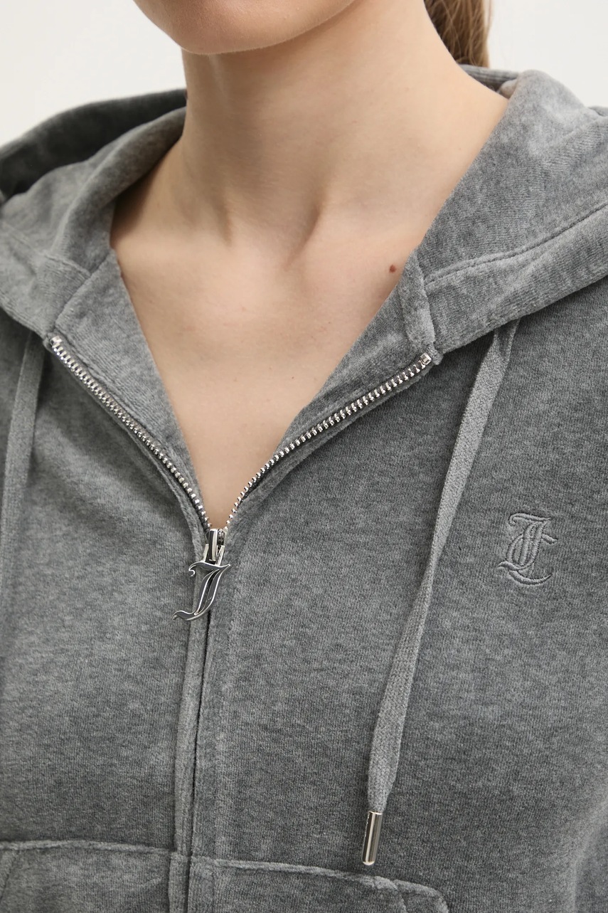 Βελούδινη μπλούζα Juicy Couture ROBERTSON CLASS χρώμα: γκρι, με κουκούλα, JCAP176 φωτογραφία