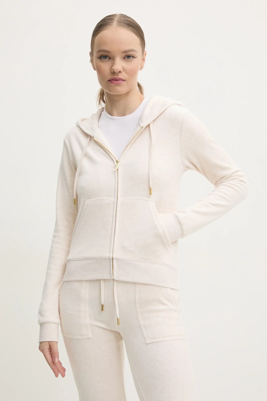 Juicy Couture bluză din velur ROBERTSON GOLD culoarea bej, cu glugă, melanj, JCAP176G Juicy Couture bluză din velur ROBERTSON GOLD culoarea bej, cu glugă, melanj, JCAP176G