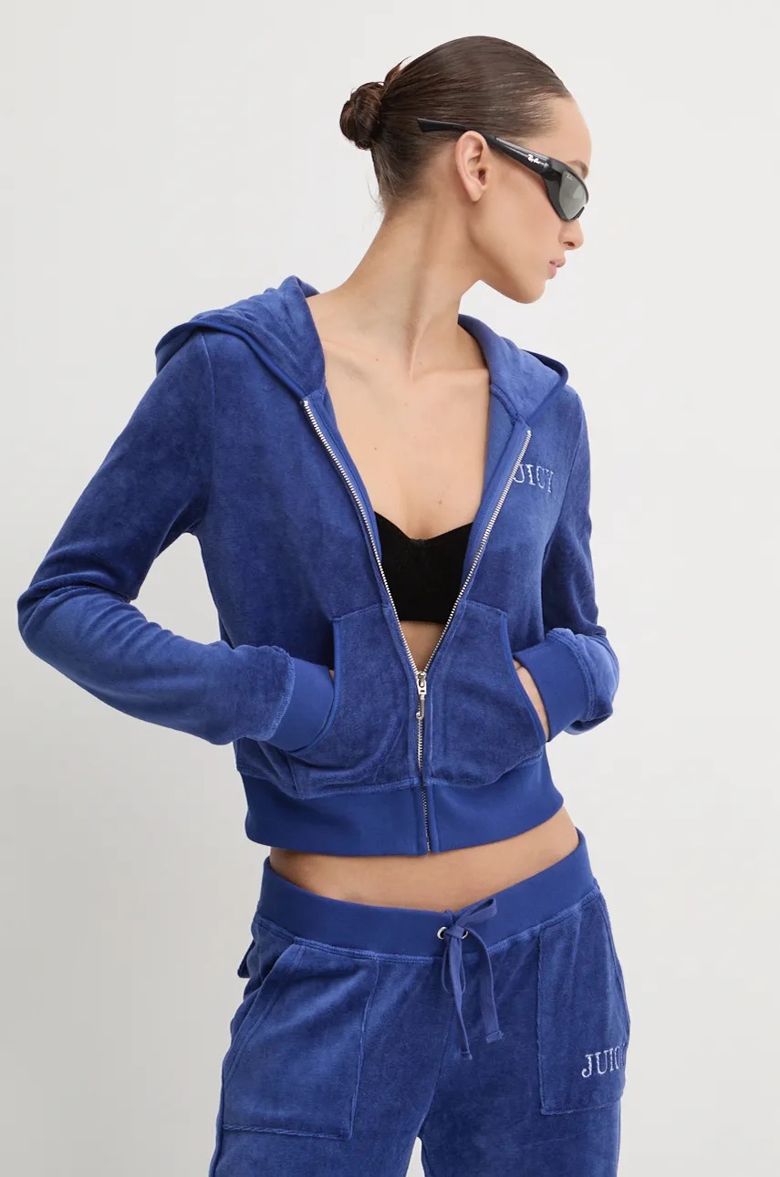 

Кадифен суичър Juicy Couture HERITAGE CROWN ROBYN HOODIE в синьо с качулка с апликация JCGAS224011, Син