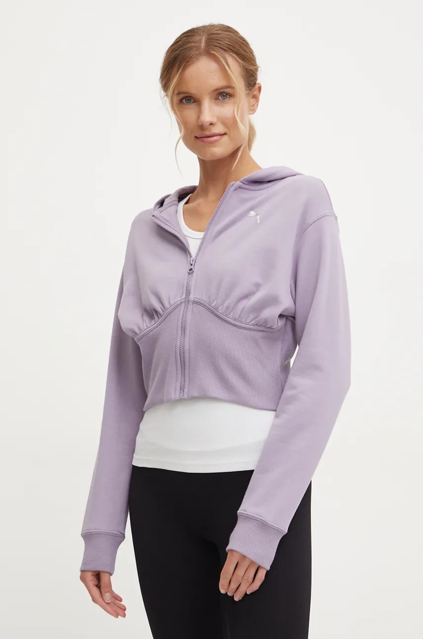 Puma hanorac de bumbac femei, culoarea violet, cu glugă, neted, 627475 Puma hanorac de bumbac femei, culoarea violet, cu glugă, neted, 627475