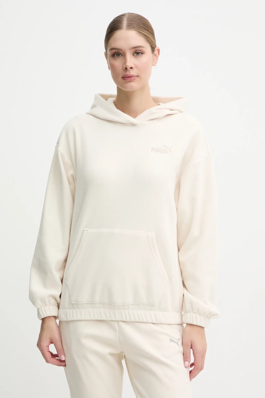 Puma hanorac fleece culoarea bej, cu glugă, neted, 681529 Puma hanorac fleece culoarea bej, cu glugă, neted, 681529
