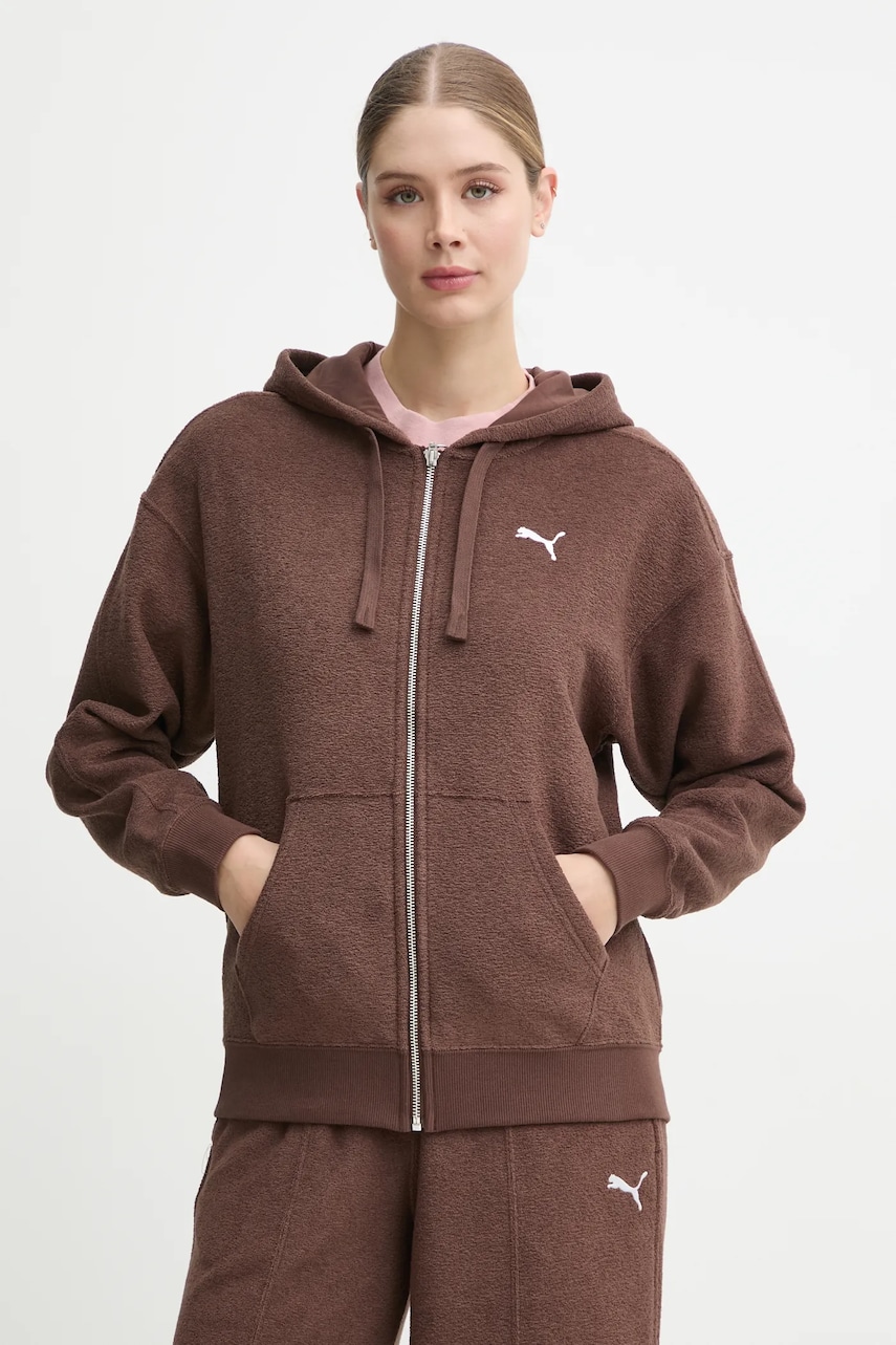 Puma bluza femei, culoarea maro, cu glugă, neted, 681636 Puma bluza femei, culoarea maro, cu glugă, neted, 681636
