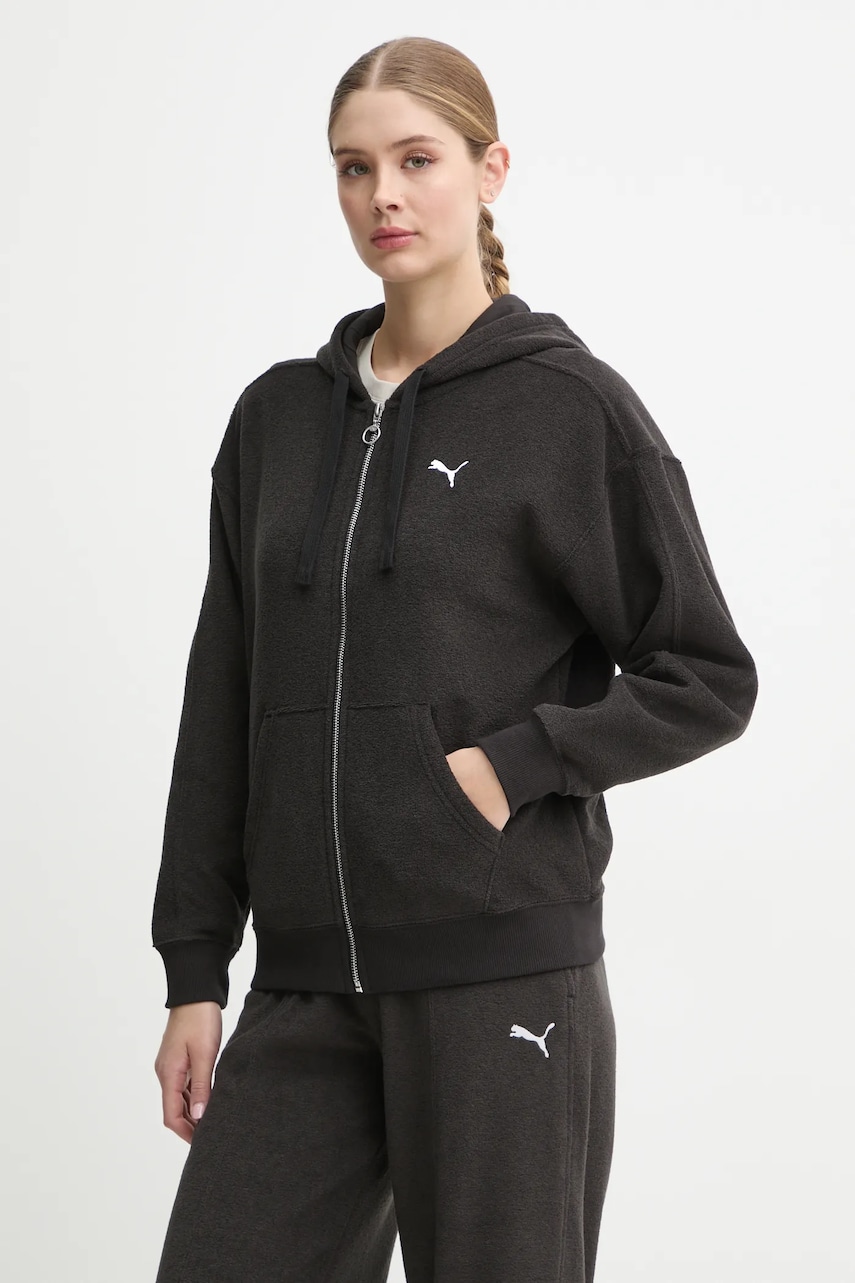 Puma bluza femei, culoarea negru, cu glugă, neted, 681636 Puma bluza femei, culoarea negru, cu glugă, neted, 681636