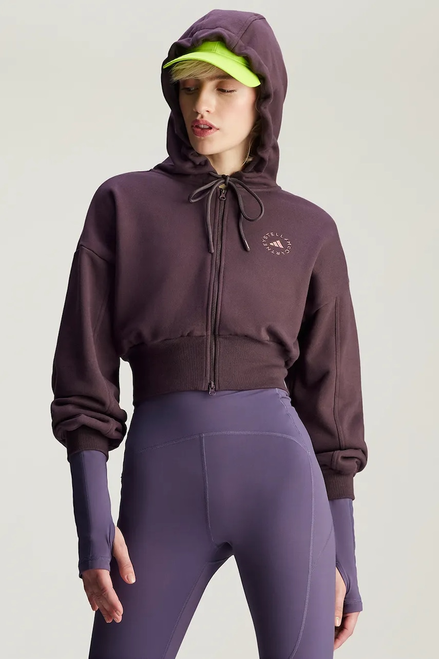 adidas by Stella McCartney bluză trening culoarea violet, cu glugă, neted, IZ5011