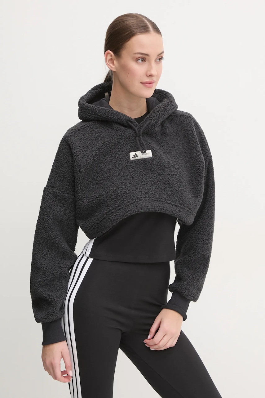 adidas bluza x Moon Boot femei, culoarea negru, cu glugă, cu imprimeu, IY8049 adidas bluza x Moon Boot femei, culoarea negru, cu glugă, cu imprimeu, IY8049