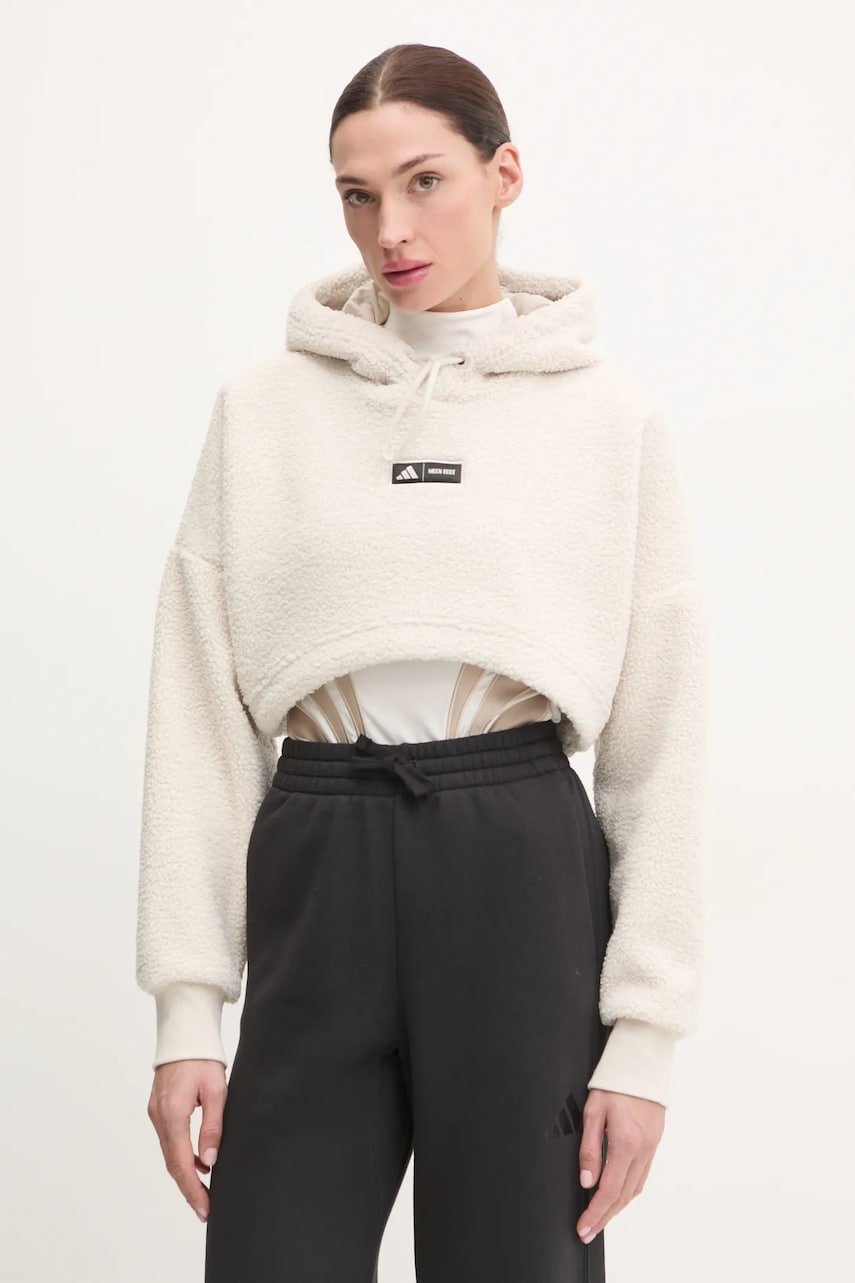 adidas hanorac fleece x Moon Boot culoarea bej, cu glugă, cu imprimeu, IY8050 adidas hanorac fleece x Moon Boot culoarea bej, cu glugă, cu imprimeu, IY8050