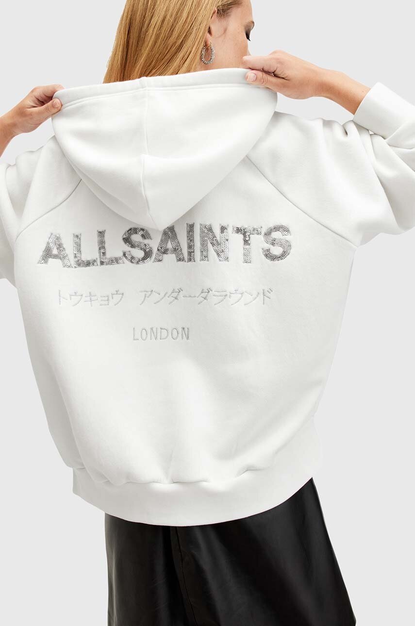 Бавовняна кофта AllSaints TALON UNDRGRND HOODY жіноча колір білий з капюшоном з принтом W051JB 