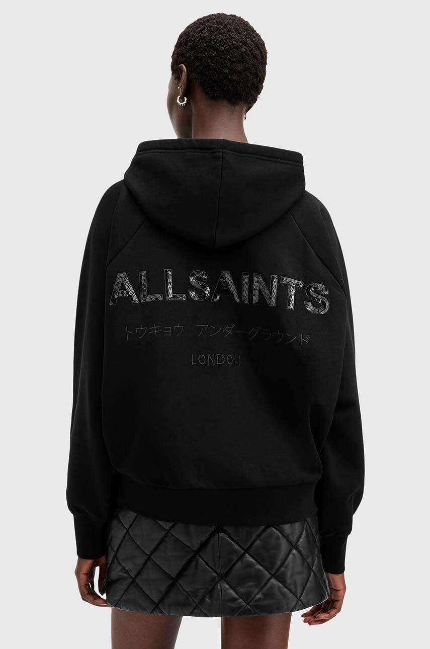Бавовняна кофта AllSaints TALON UNDRGRND HOODY жіноча колір чорний з капюшоном з принтом W051JB 