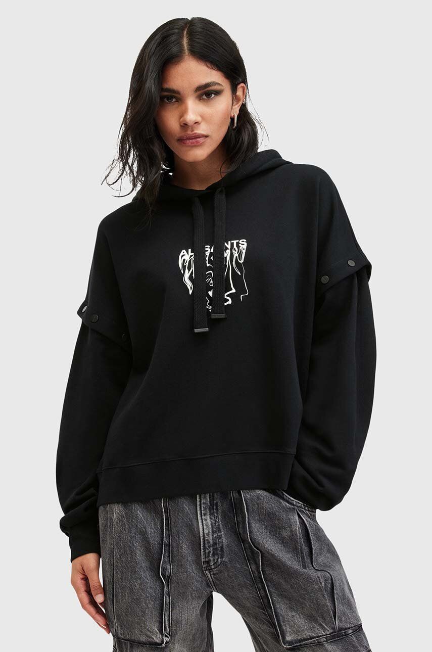 Pamučna dukserica AllSaints INKSNTS AMPHIA HOODY za žene, boja: crna, s kapuljačom, s tiskom, W105JB