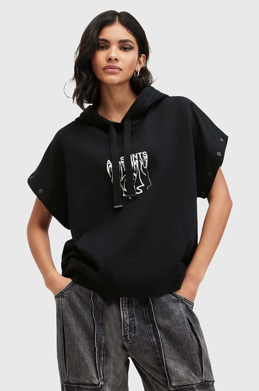 Pamučna dukserica AllSaints INKSNTS AMPHIA HOODY za žene, boja: crna, s kapuljačom, s tiskom, W105JB