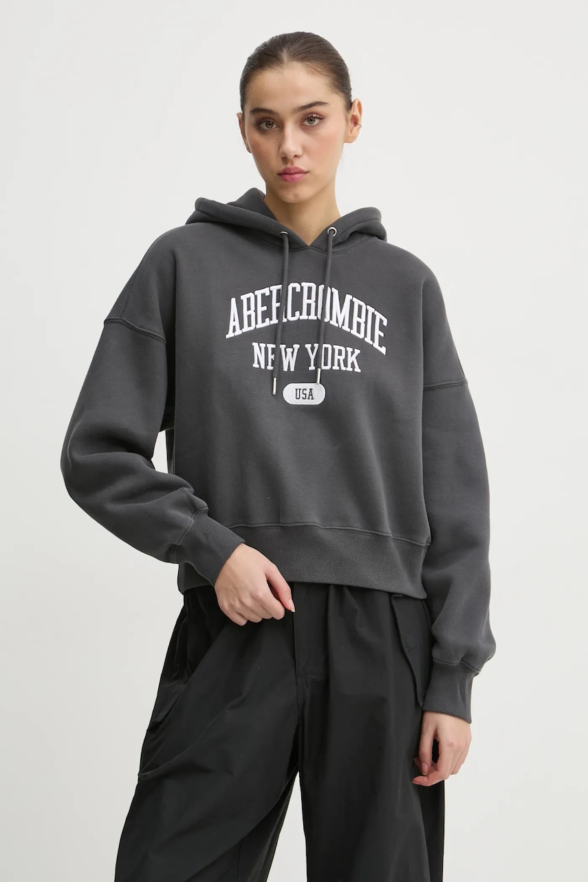 Abercrombie & Fitch bluza femei, culoarea gri, cu glugă, cu imprimeu, KI152-4201 Abercrombie & Fitch bluza femei, culoarea gri, cu glugă, cu imprimeu, KI152-4201