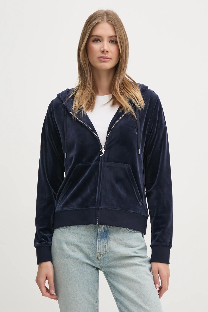 Juicy Couture bluză din velur culoarea albastru marin, cu glugă, neted, JCAP176