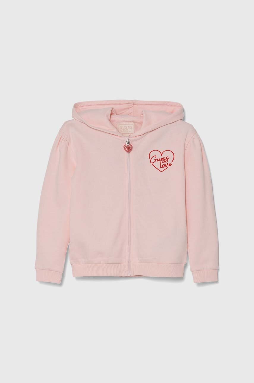 

Детски памучен суичър Guess в розово с качулка с апликация K4YQ04 KA6R4, Розов