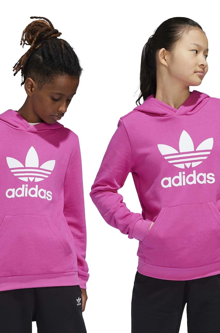 adidas Originals bluza copii TREFOIL HOODIE culoarea roz, cu glugă, cu imprimeu, IY7444 adidas Originals bluza copii TREFOIL HOODIE culoarea roz, cu glugă, cu imprimeu, IY7444