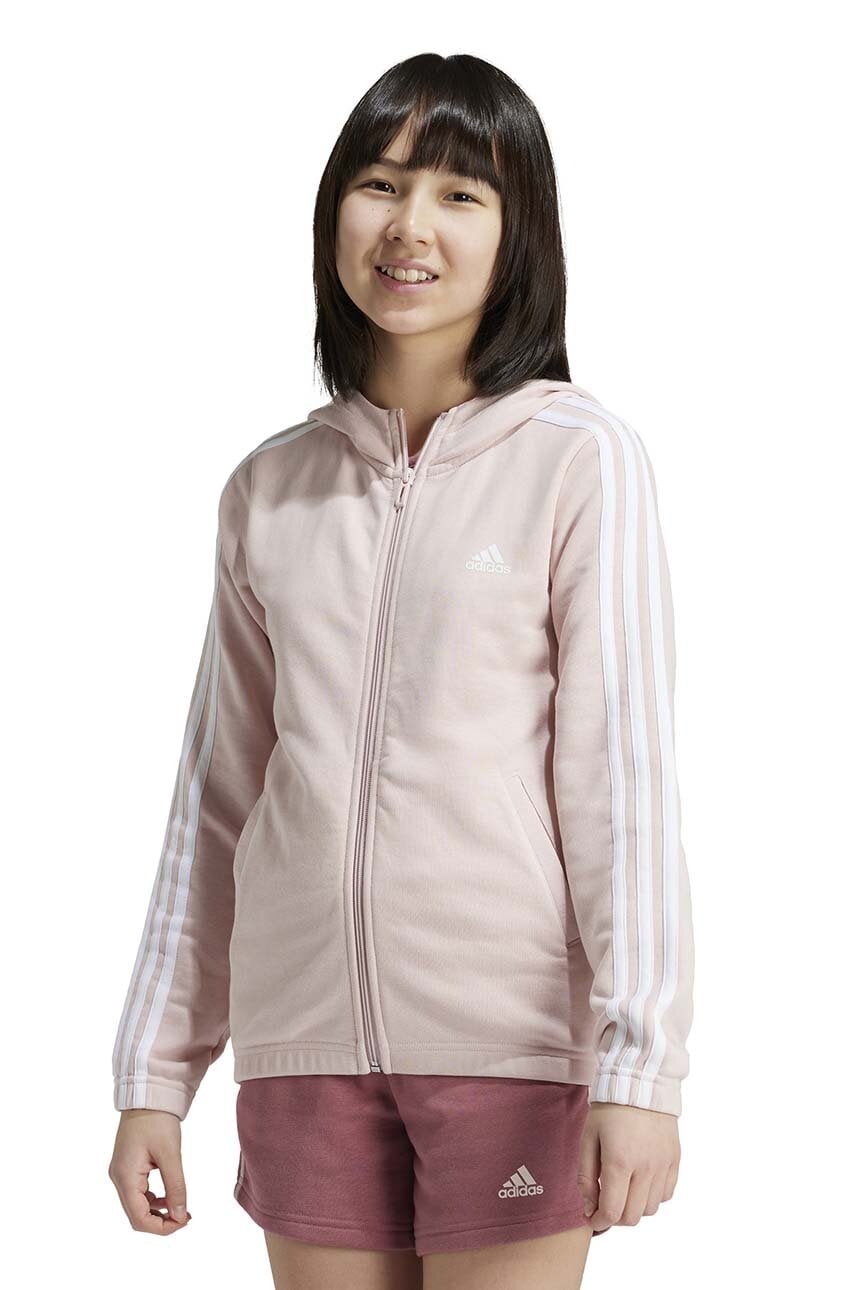 adidas bluza copii G 3S FZ HD culoarea roz, cu glugă, cu imprimeu, IZ3464 adidas bluza copii G 3S FZ HD culoarea roz, cu glugă, cu imprimeu, IZ3464