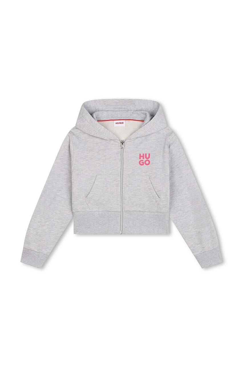 HUGO bluza copii culoarea gri, cu gluga, cu imprimeu, G00228
