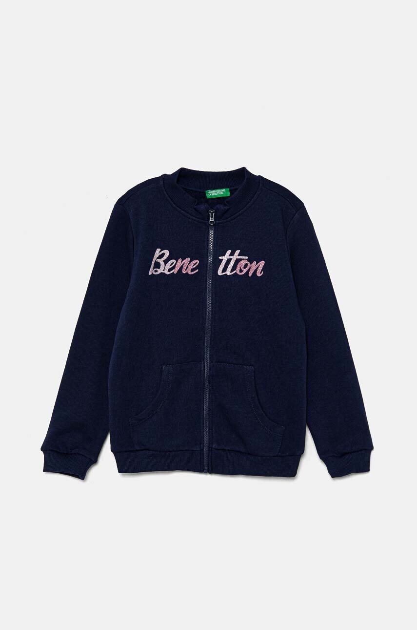 United Colors of Benetton hanorac de bumbac pentru copii culoarea albastru marin, cu imprimeu, 3J70G5037