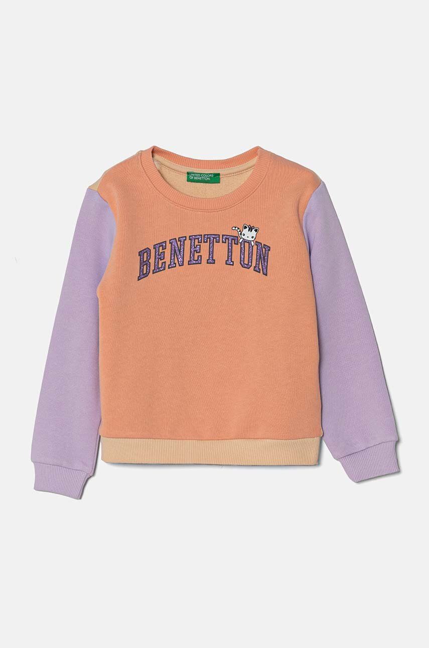 Detská bavlnená mikina United Colors of Benetton oranžová farba, s nášivkou, 3J70G10F8