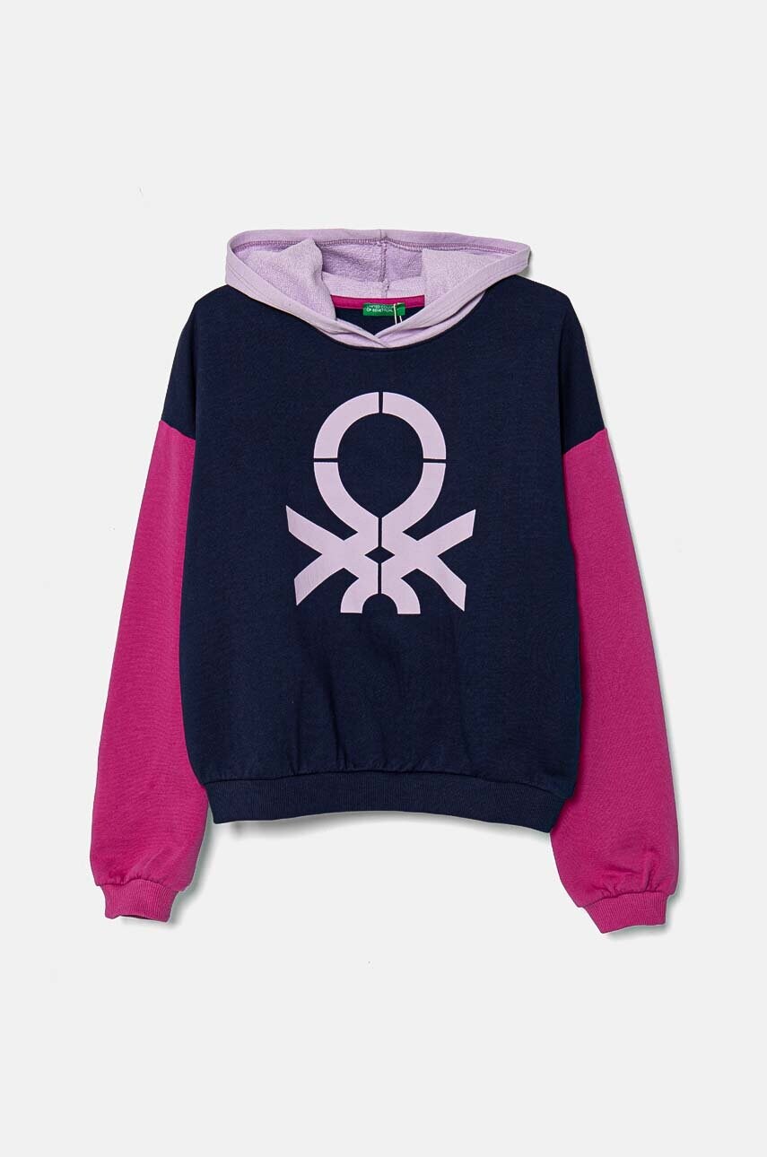 United Colors of Benetton hanorac de bumbac pentru copii culoarea albastru marin, cu glugă, cu imprimeu, 3J68C203Q