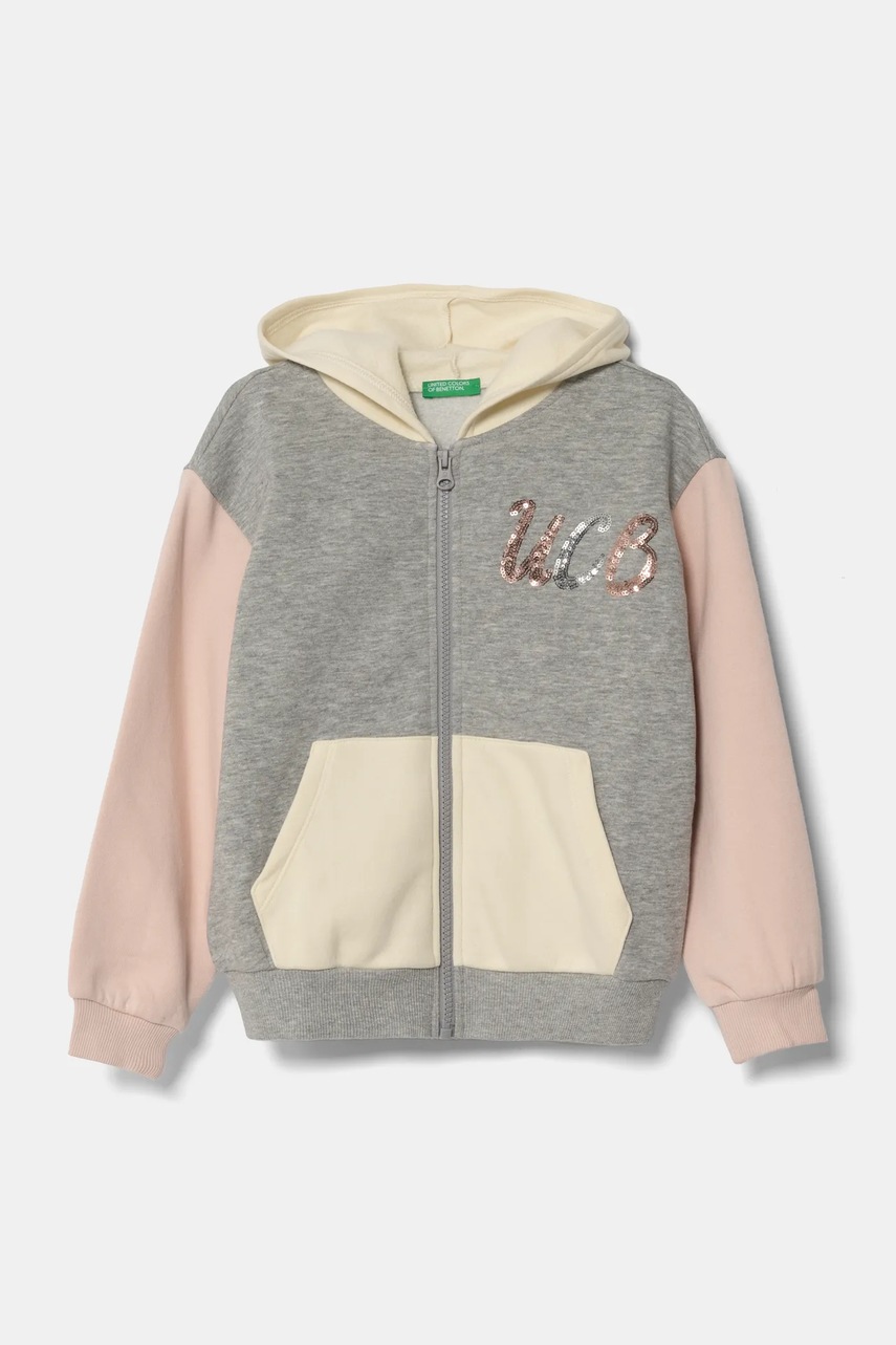 

Детски суичър United Colors of Benetton в сиво с качулка с апликация 39M2C504F, Сив