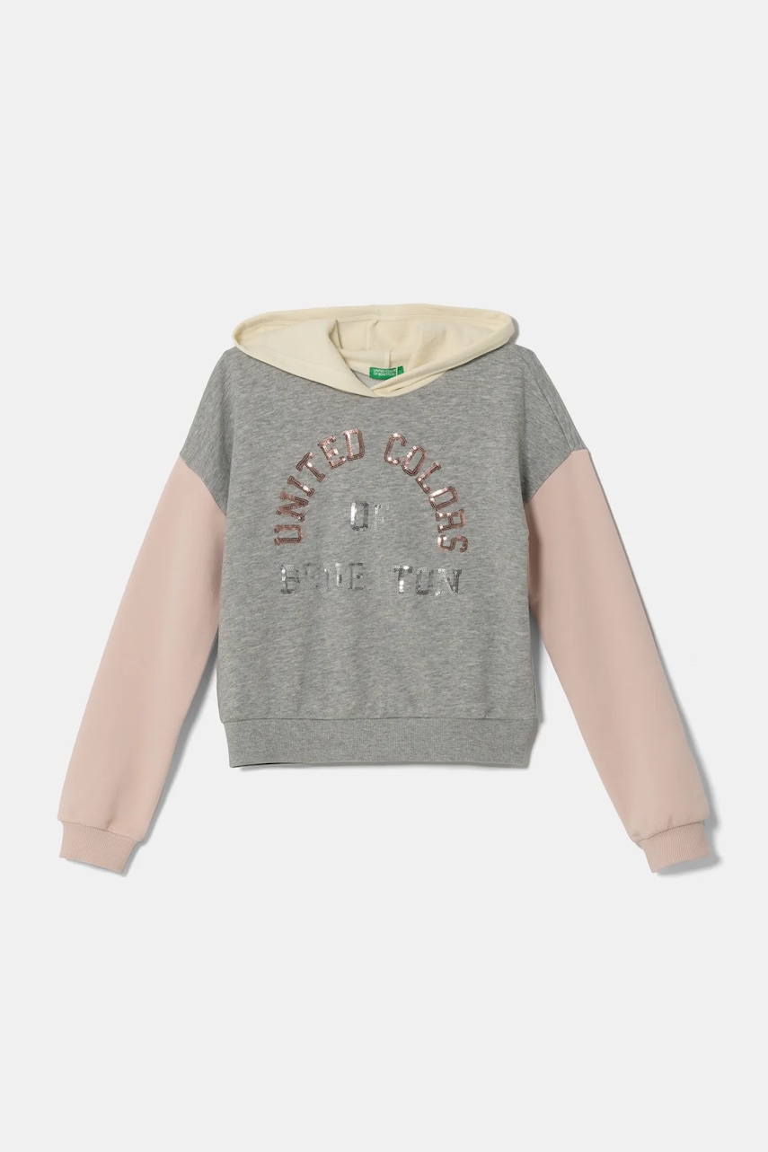 United Colors of Benetton bluza copii culoarea gri, cu glugă, cu imprimeu, 39M2C203W United Colors of Benetton bluza copii culoarea gri, cu glugă, cu imprimeu, 39M2C203W