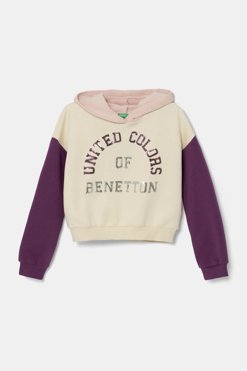 Levně Dětská mikina United Colors of Benetton béžová barva, s kapucí, s aplikací, 39M2C203W