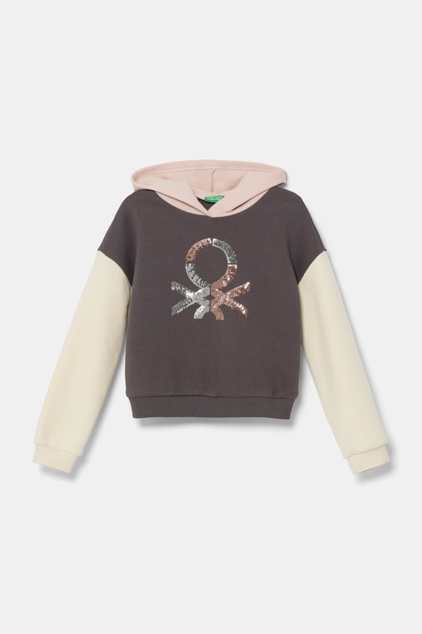 United Colors of Benetton bluza copii culoarea gri, cu glugă, cu imprimeu, 39M2C203W United Colors of Benetton bluza copii culoarea gri, cu glugă, cu imprimeu, 39M2C203W
