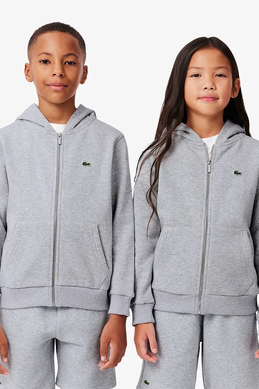 Lacoste bluza copii culoarea gri, cu glugă, neted, SJ9723