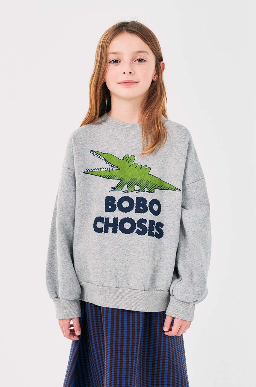 

Детски памучен суичър Bobo Choses Talking Crocodile в сиво с принт 224AC037, Сив