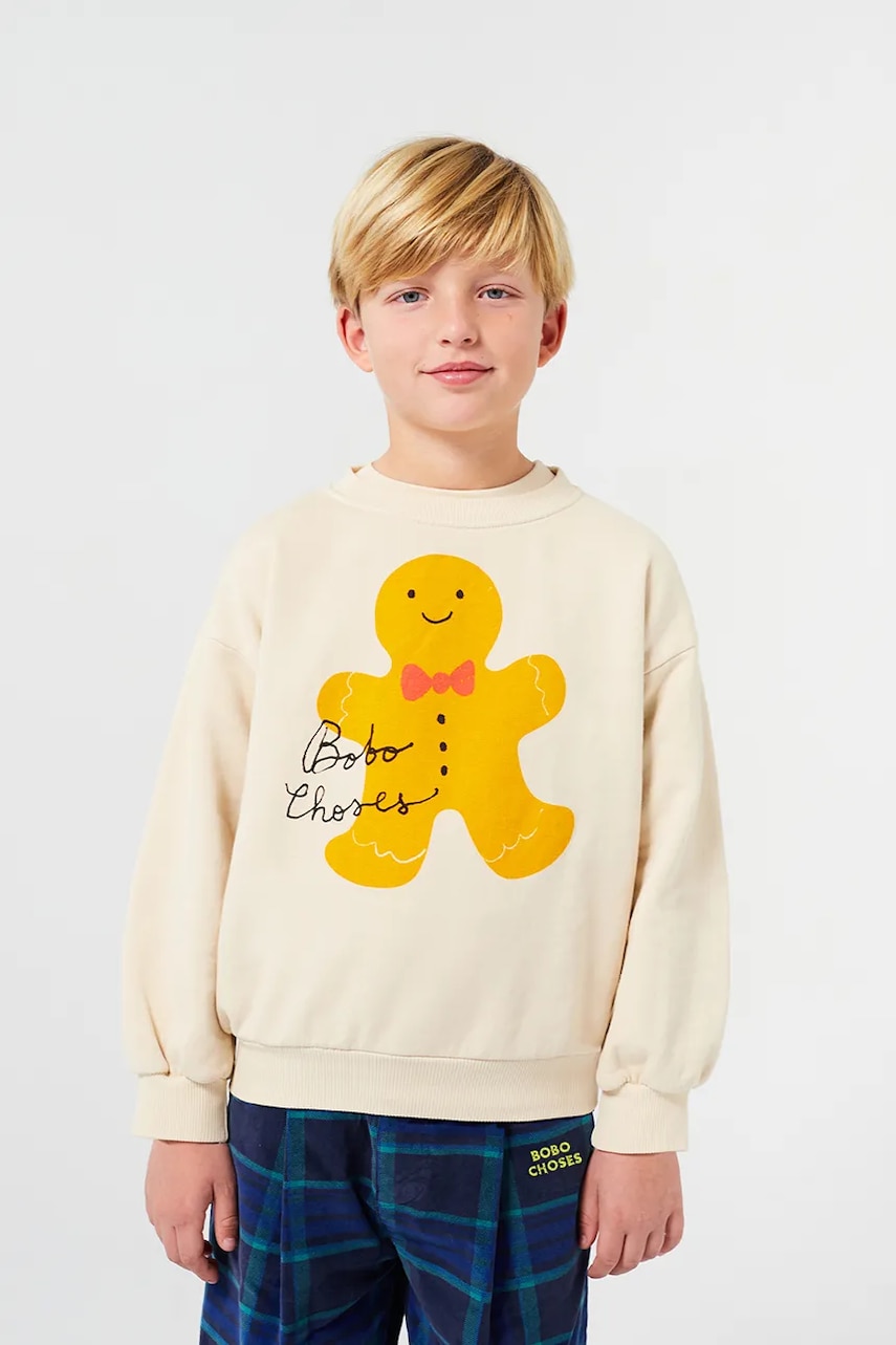 Bobo Choses hanorac de bumbac pentru copii Gingerbread culoarea bej, cu imprimeu, 224FC003 Bobo Choses hanorac de bumbac pentru copii Gingerbread culoarea bej, cu imprimeu, 224FC003