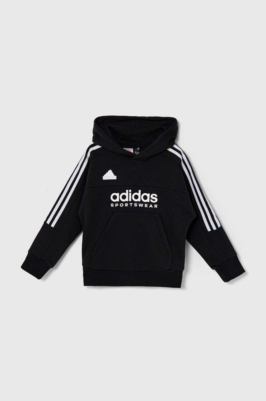adidas bluza copii J HOT FL HOODIE culoarea negru, cu glugă, cu imprimeu, IX9284