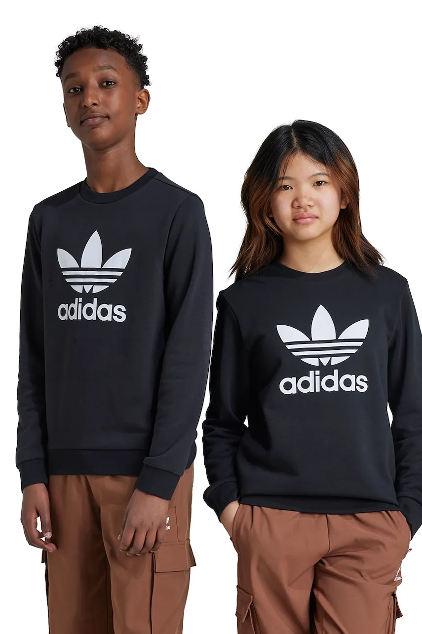 adidas Originals bluza copii TREFOIL CREW culoarea negru, cu imprimeu, IY7435 adidas Originals bluza copii TREFOIL CREW culoarea negru, cu imprimeu, IY7435