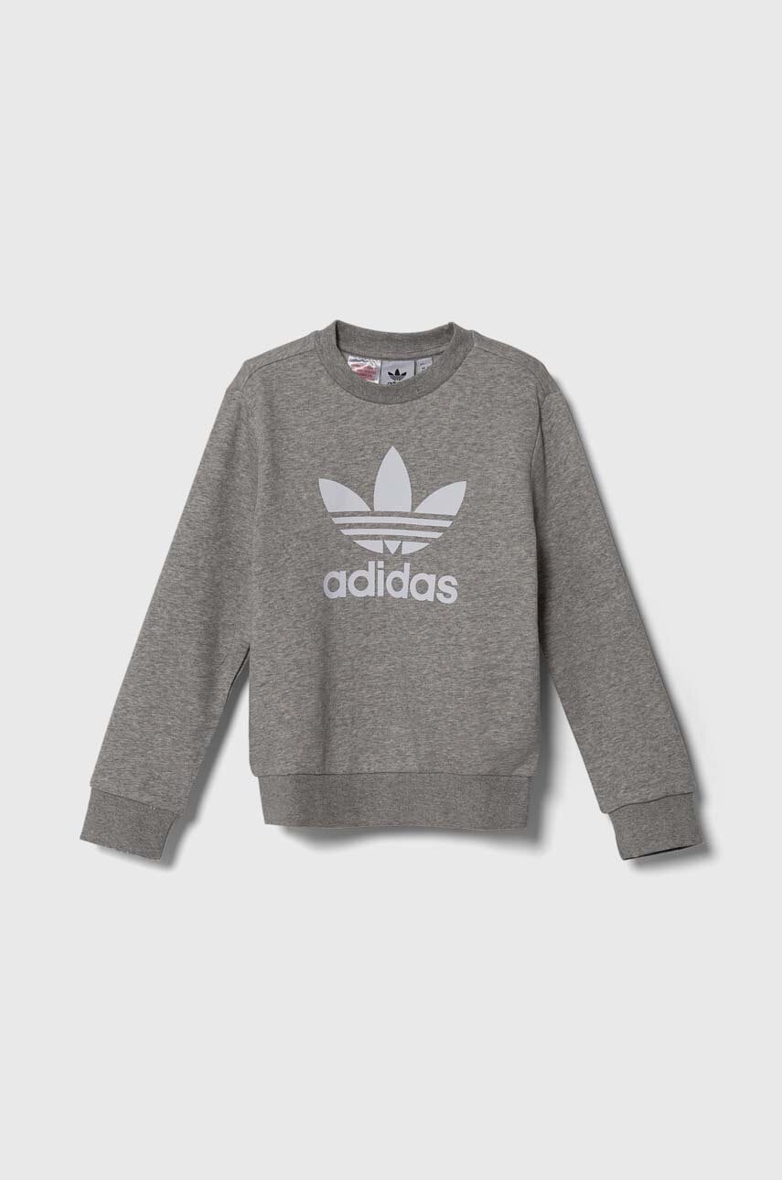 Дитяча кофта adidas Originals TREFOIL CREW колір сірий з принтом IY7436 Дитяча кофта adidas Originals TREFOIL CREW колір сірий з принтом IY7436