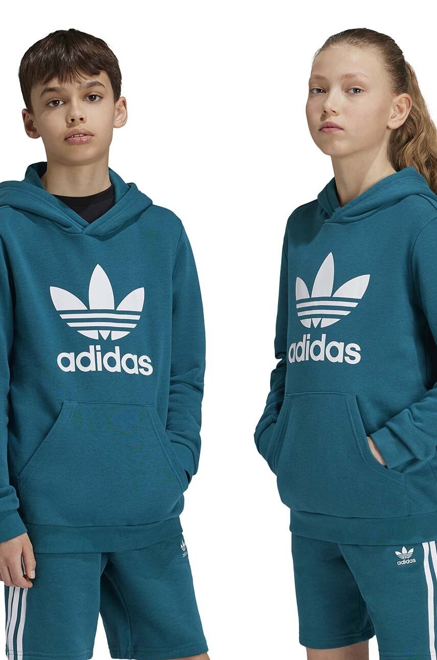 adidas Originals bluza copii TREFOIL HOODIE culoarea verde, cu glugă, cu imprimeu, IY7440