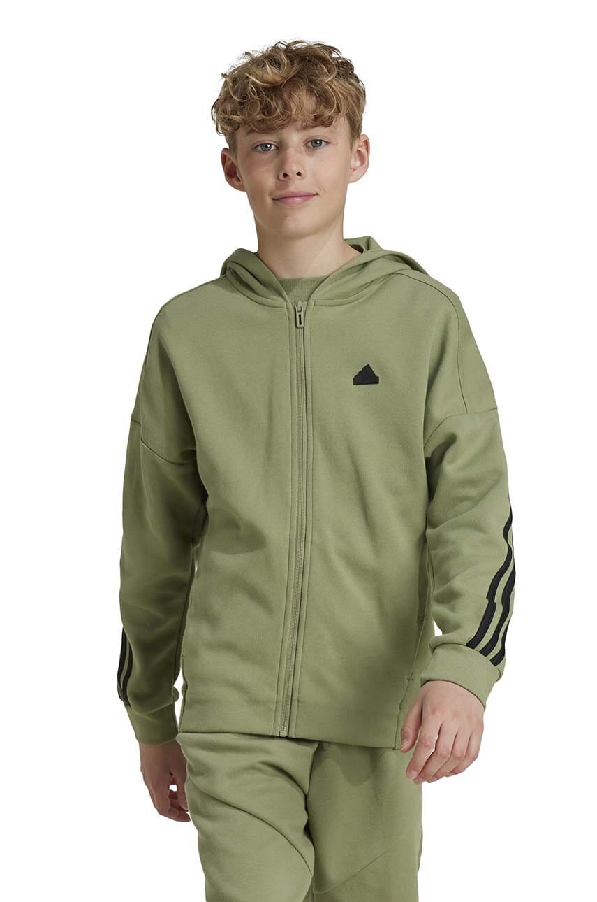 adidas bluza copii U FI 3S FZ HD culoarea verde, cu glugă, cu imprimeu, JH3601 adidas bluza copii U FI 3S FZ HD culoarea verde, cu glugă, cu imprimeu, JH3601
