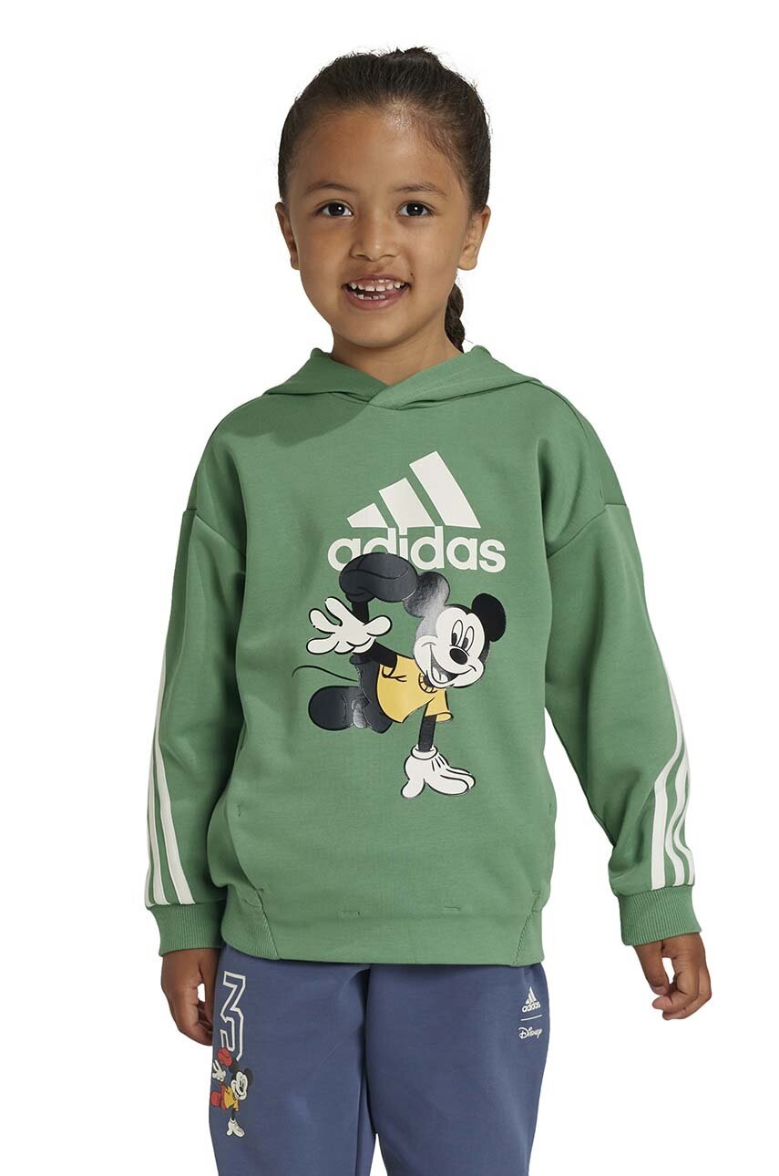 adidas bluza copii LK DY MM SWT culoarea verde, cu glugă, cu imprimeu, IW0672