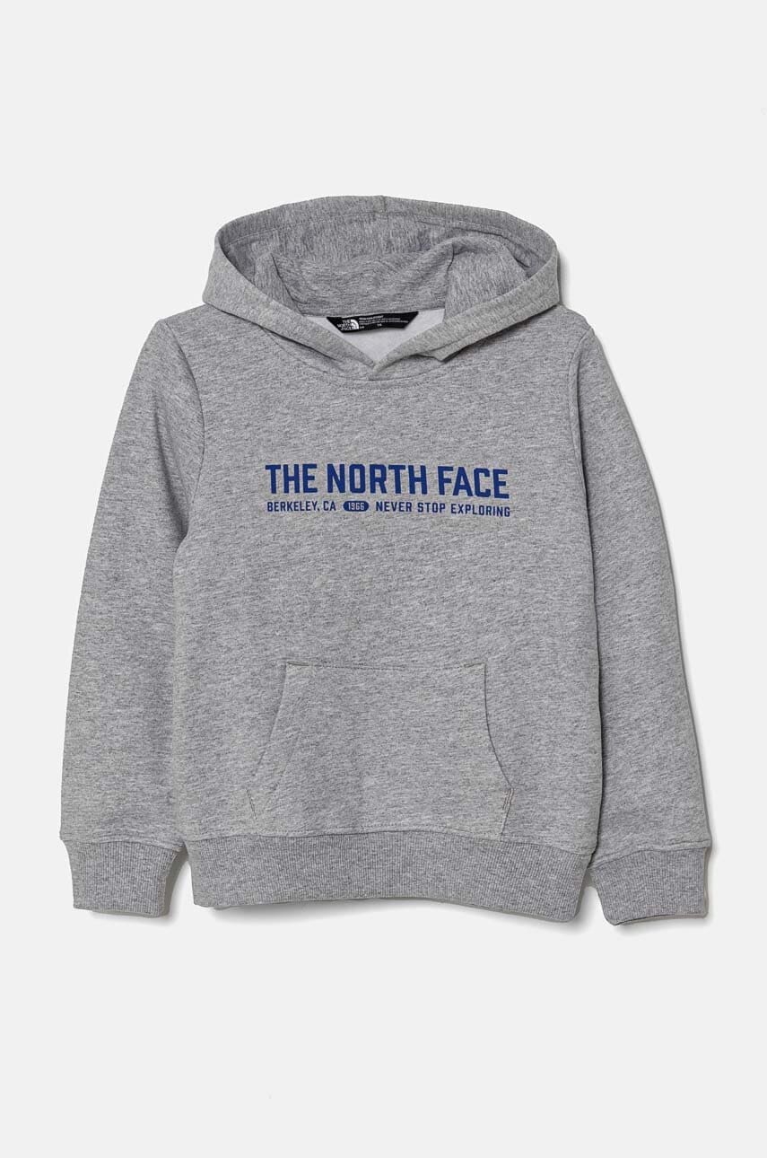 The North Face bluza copii VARSITGRAPHIC RELAXED HOODIE culoarea gri, cu glugă, cu imprimeu, NF0A89HBDYX1