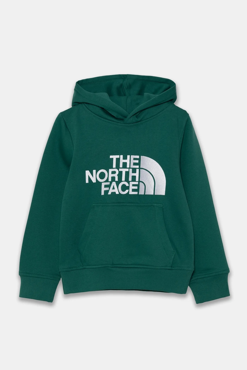 The North Face bluza copii DREW PEAK P/O HOODIE culoarea verde, cu glugă, cu imprimeu, NF0A89HHNL11 The North Face bluza copii DREW PEAK P/O HOODIE culoarea verde, cu glugă, cu imprimeu, NF0A89HHNL11