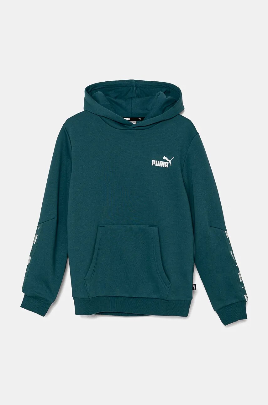Puma bluza copii ESS Tape Hoodie culoarea verde, cu glugă, neted, 848818 Puma bluza copii ESS Tape Hoodie culoarea verde, cu glugă, neted, 848818