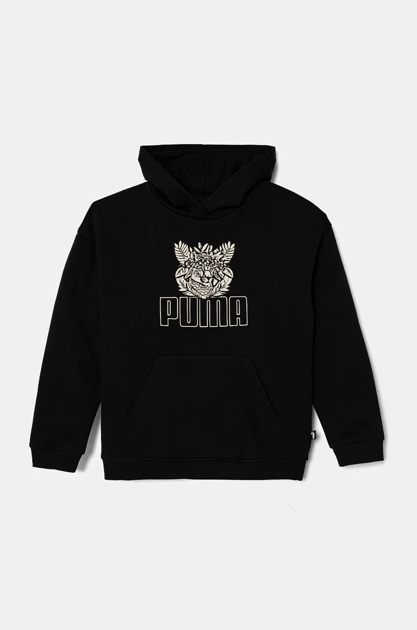 Puma bluza copii ESS+ TROPICAT Hoodie culoarea negru, cu glugă, cu imprimeu, 681827 Puma bluza copii ESS+ TROPICAT Hoodie culoarea negru, cu glugă, cu imprimeu, 681827