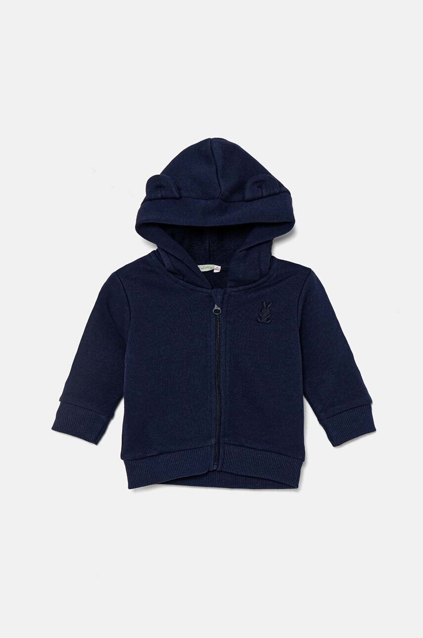 United Colors of Benetton hanorac de bumbac pentru bebelusi culoarea albastru marin, cu glugă, neted, 3J70A5017