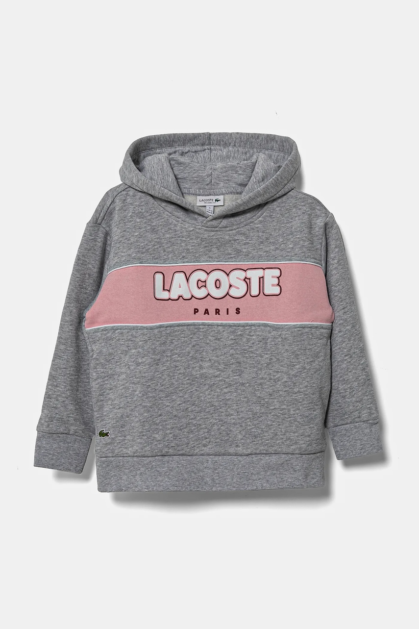 Lacoste bluză copii culoarea gri, cu glugă, cu imprimeu, SJ2445