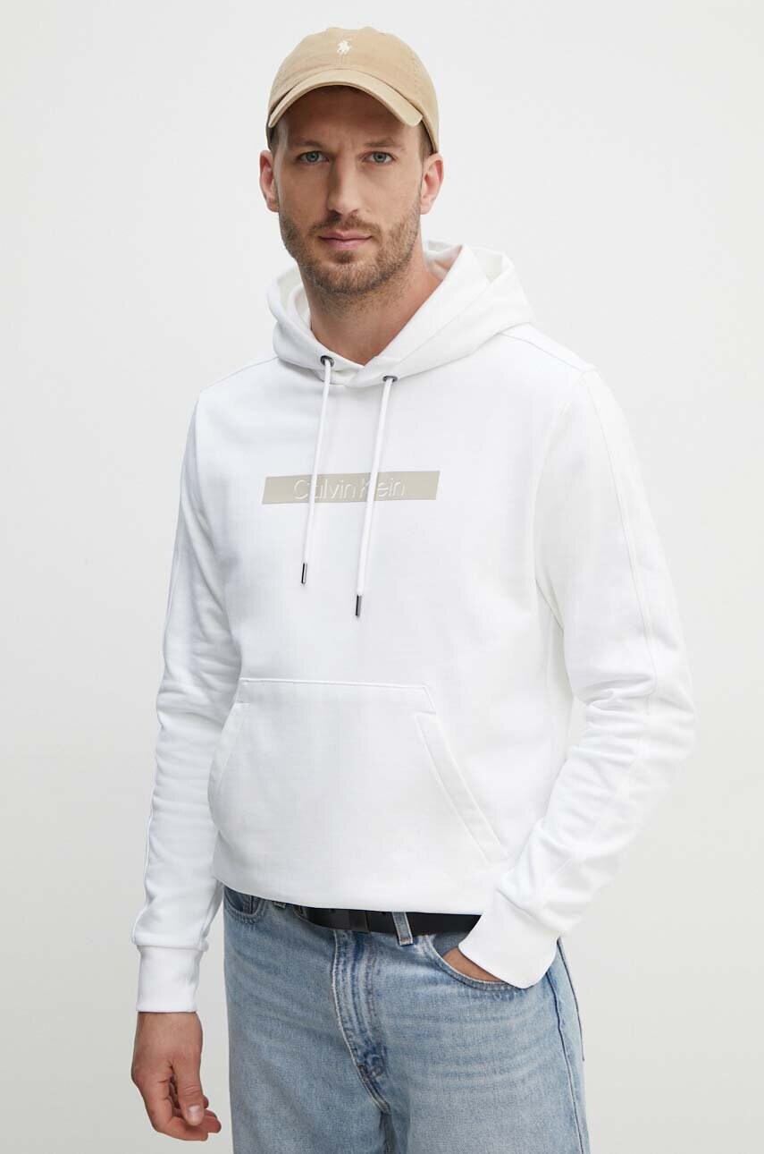 Levně Bavlněná mikina Calvin Klein pánská, bílá barva, s kapucí, s aplikací, K10K113090