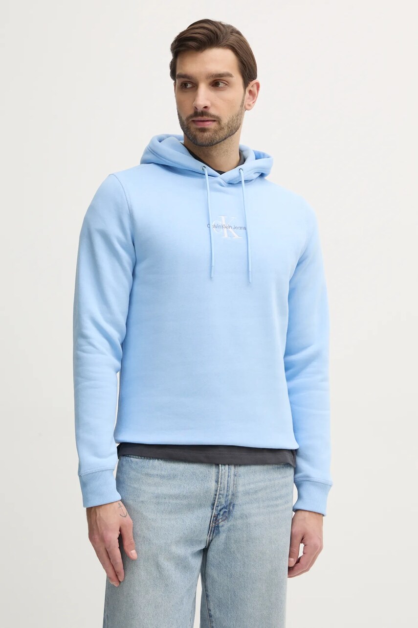 Levně Mikina Calvin Klein Jeans pánská, modrá barva, s kapucí, s aplikací, J30J325629
