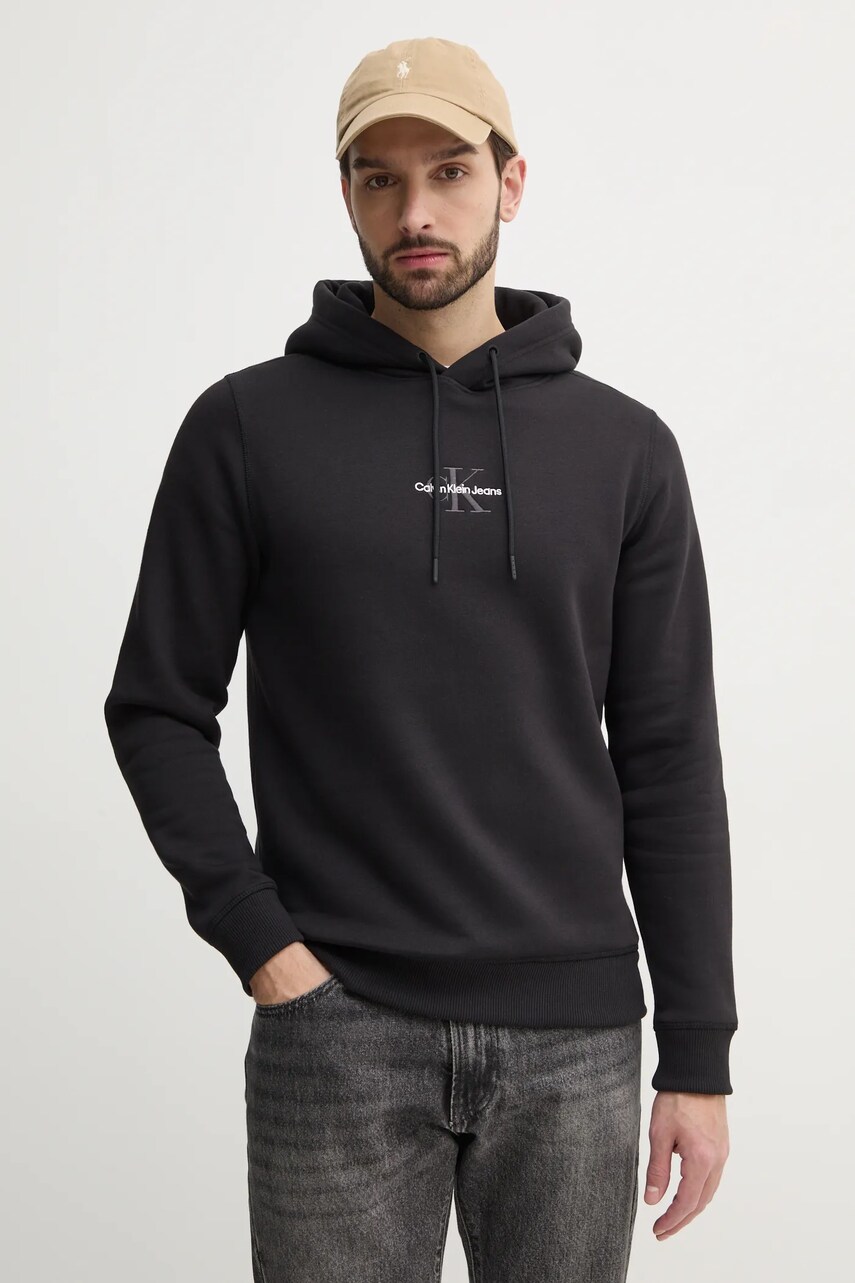 Levně Mikina Calvin Klein Jeans pánská, černá barva, s kapucí, s aplikací, J30J325629
