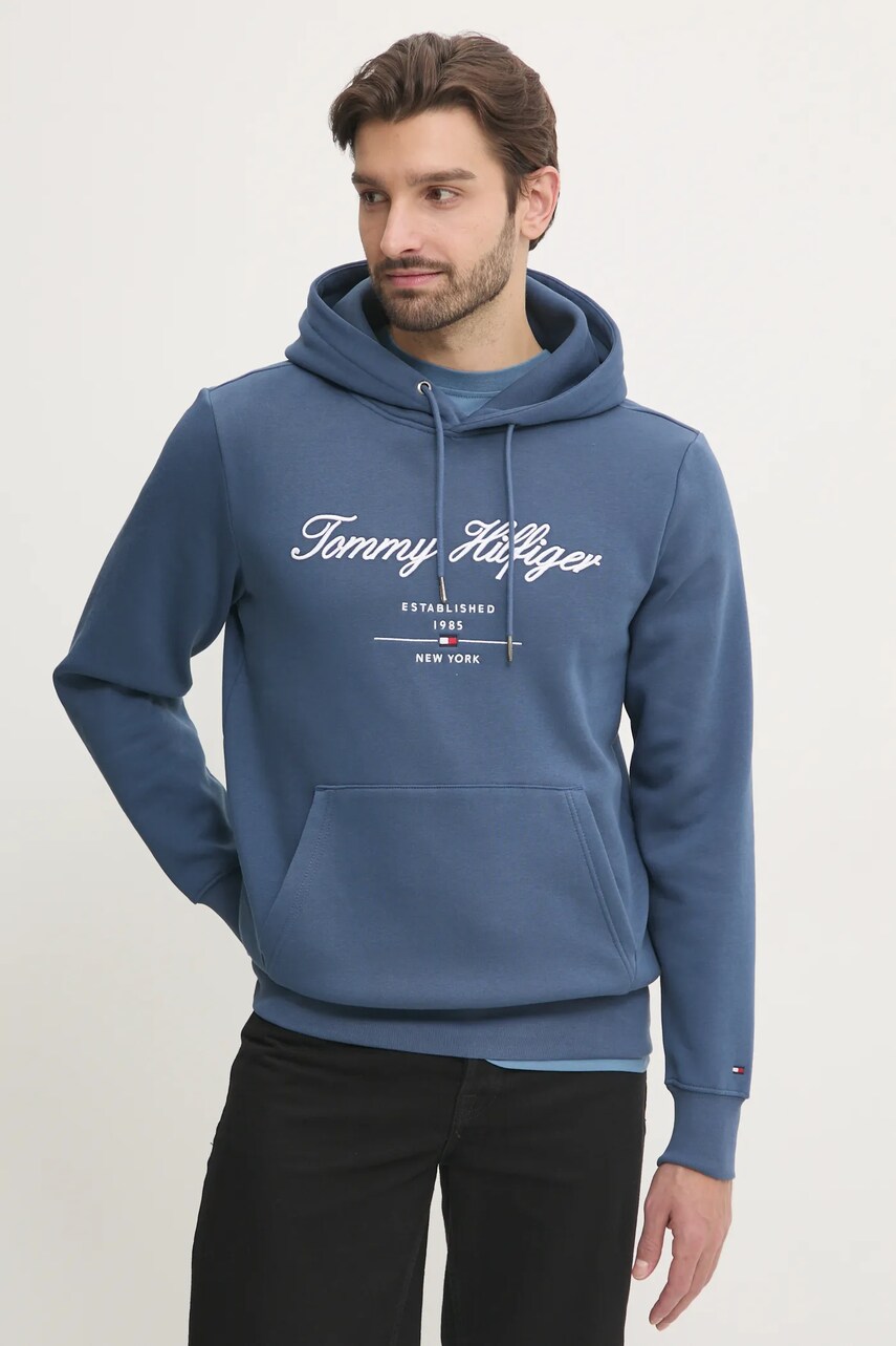 Mikina Tommy Hilfiger pánská, modrá barva, s kapucí, s aplikací, MW0MW33631